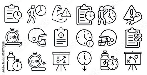 Set of icons that represent different time-related activities. The icons include a clock, a stopwatch, a sports ball, a clipboard, and a person. The icons are arranged in a grid