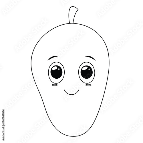 Cute Mango Character With Smiling Face Black And White Illustration on a white background.