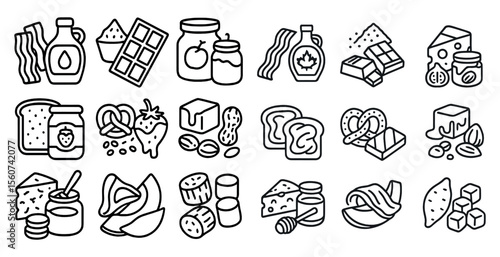 Collection of food items including bread, peanut butter, jelly, and chocolate. The image is a series of food icons that are drawn in a stylized way