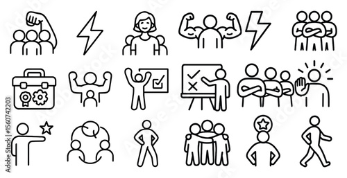 Series of black and white icons depicting people in various positions, including a man with a fist raised, a woman with a clipboard, and a group of people standing together