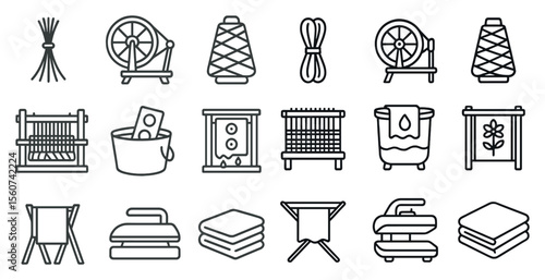 Collection of laundry and textile related icons. The icons include a washing machine, a dryer, a basket, a bucket, a clothesline, a sewing machine, a loom, a towel, a bed, a chair, a table