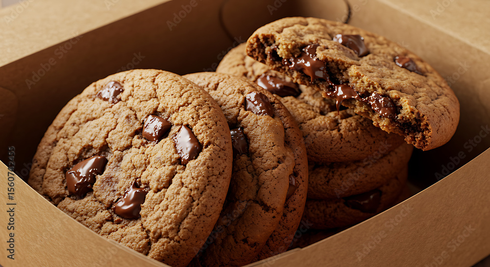 Fototapeta premium Stack of chocolate chip cookies packed neatly in brown box.
