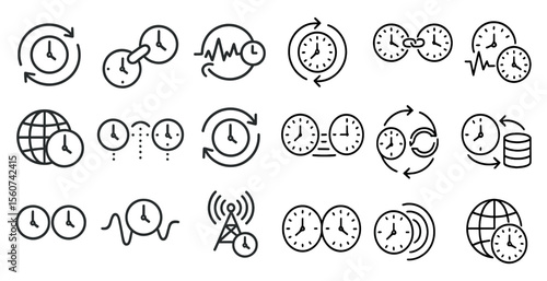 Set of clocks with a globe and a cell phone in the middle. The clocks are all different sizes and are all pointing to different times