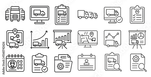 Set of icons for a trucking company. The icons include a truck, a computer, a calendar, a file folder, a person, a truck stop, a truck stop sign, a truck stop menu, a truck stop restroom