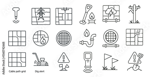 Series of icons that represent various construction and utility work. The icons include a shovel, a fire hydrant, a gas meter, a gas pipe, a fire hydrant, a fire hydrant, a fire hydrant