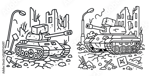 The two tanks are in a war zone, with one tank being destroyed and the other one being in the process of being destroyed