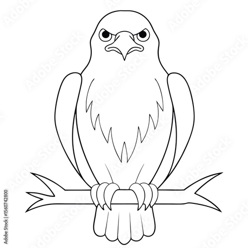 Cartoon Style Eagle Perched On A Branch Black And White Outline on a white background.