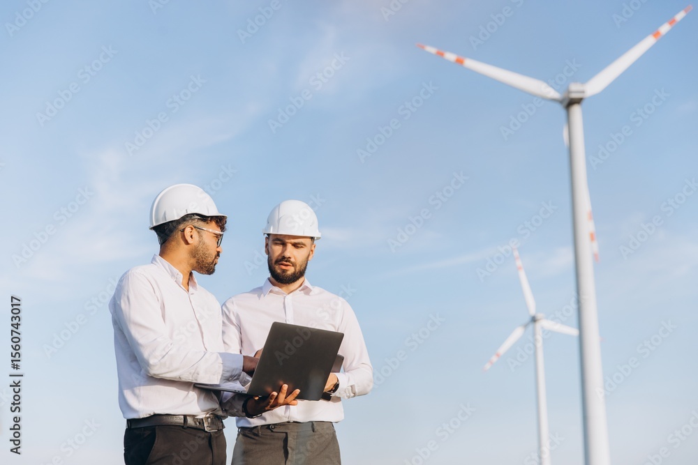 Engineers using laptop analyzing wind turbines in a wind farm Engineers using laptop analyzing wind turbines in a wind farm