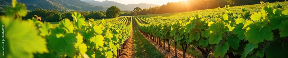 Fototapeta premium Sunlit Vineyard Vines Climbing Trellises Lush Green Grapevines in Autumn Harvest