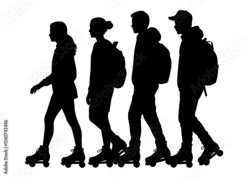 Silhouette of teenagers rollerblading