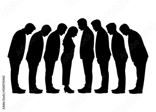 Silhouettes of people bowing in a line