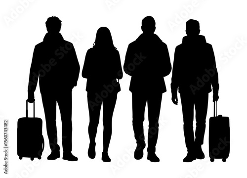 Four people walking with luggage in silhouette