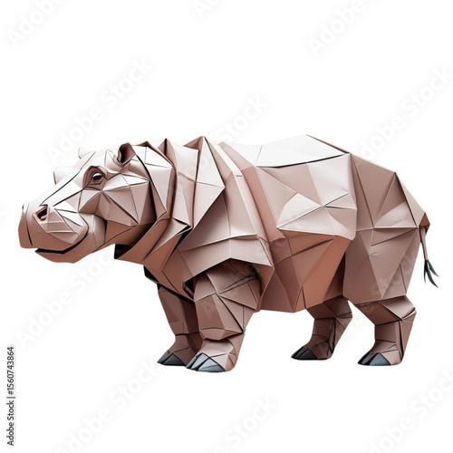 Majestic geometric origami hippopotamus, a powerful paper art rendition of a hippo with a contemporary low-poly design, ideal for wildlife, nature, and abstract art concepts.