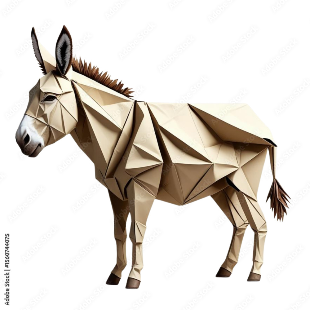 Obraz premium Low Poly Donkey Illustration – Geometric Origami-Style Farm Animal in Beige Tones