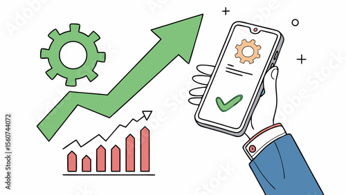 Rising charts and settings displayed on a mobile device, indicating business growth and successful mobile application configuration.