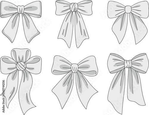 Set of 6 bow illustrations vector fashion flat sketch, decorative ribbon bows clipart for apparel, packaging, digital design
