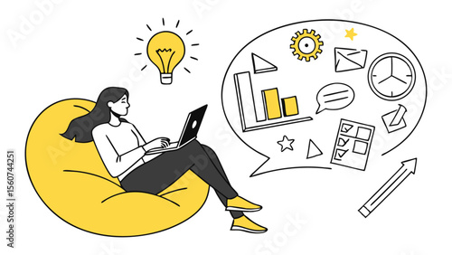 A relaxed woman works on her laptop while sitting on a beanbag chair with a thought bubble of business icons.