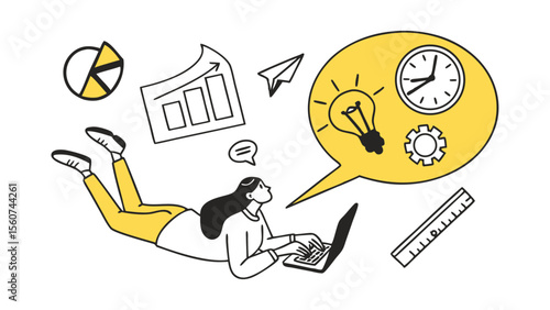 Woman on laptop generating business ideas illustrated with graphs, clock, gear and lightbulb in a thinking bubble.