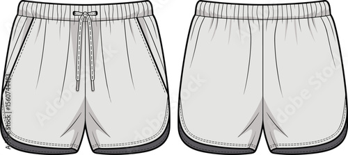 Women’s running shorts vector fashion flat, athletic drawstring shorts technical sketch, activewear sporty shorts template