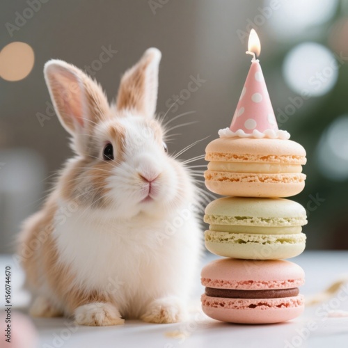 Adorable bunny celebrating a special day with a colorful macaron cake and a festive birthday hat, creating a heartwarming and joyful scene .