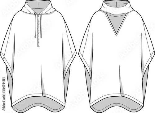 Poncho vector fashion flat sketch, hooded and cowl neck poncho technical drawing, cape-style outerwear template front and back