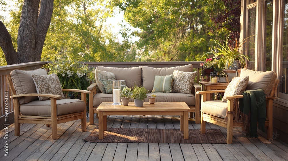 Fototapeta premium Outdoor furniture on deck. Relaxation and comfort with a sofa, chairs, and table. A sunny day invites peaceful lounging.