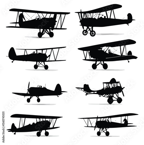 biplane silhouette set, Black & White silhouette set