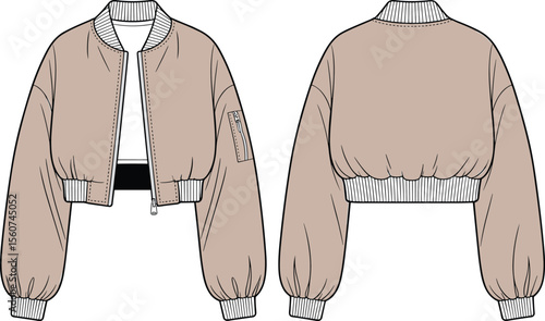Cropped bomber jacket technical flat sketch for women’s outerwear design, ribbed hem zip-up fashion illustration, vector mockup for sewing