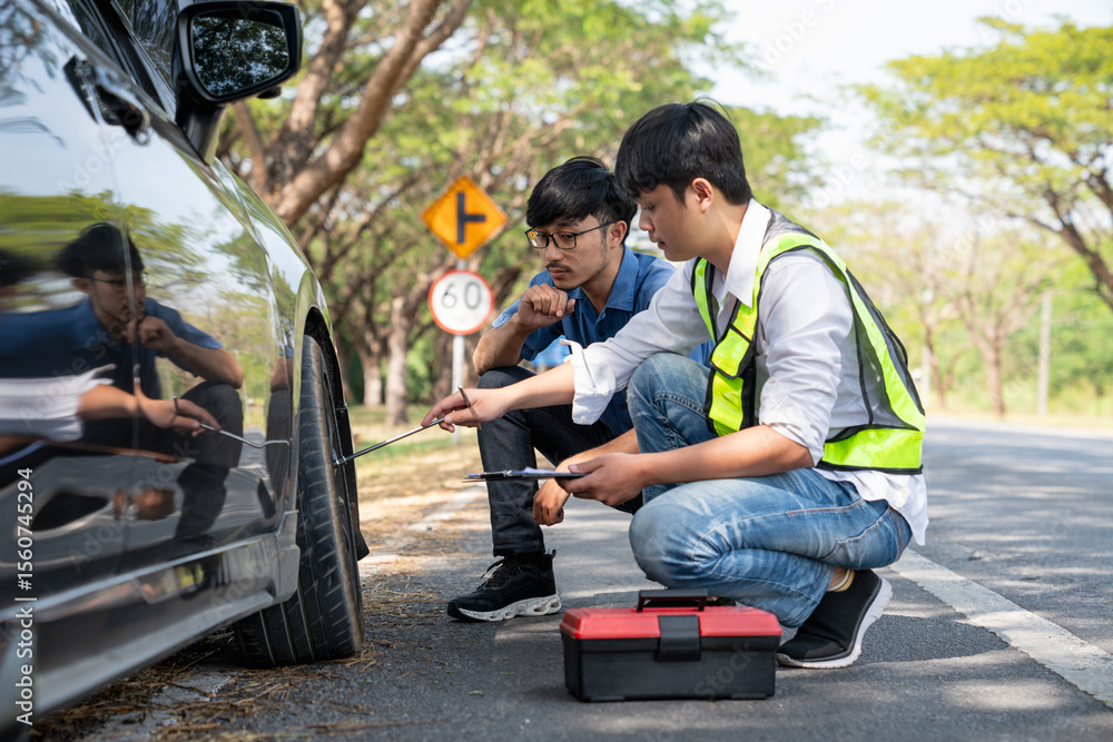 Mechanic or driver providing roadside assistance by changing a flat tire and performing minor repairs on the side of the road during a vehicle breakdown. Mechanic or driver providing roadside assistance by changing a flat tire and performing minor repairs on the side of the road during a vehicle breakdown.