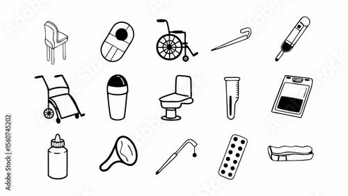 Collection of medical and assistive devices and supplies in a simple line drawing style