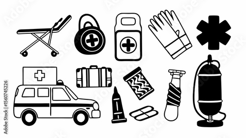 Collection of medical equipment and supplies in a simple black and white illustration