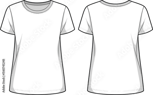 Basic women t-shirt flat sketch, front and back view, short sleeve tee technical drawing, casual wear vector fashion template design