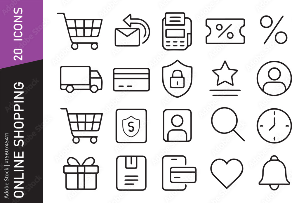 20 Online Shopping Line Icons — Modern Outline E-Commerce and Retail Symbols for Web and App 20 Online Shopping Line Icons — Modern Outline E-Commerce and Retail Symbols for Web and App