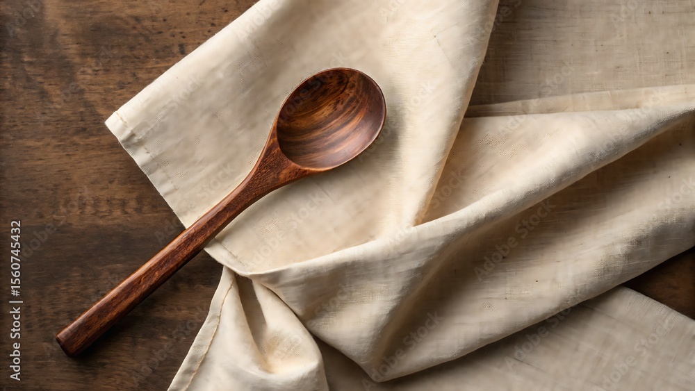 Wooden spoon resting on a folded beige linen cloth placed on a dark brown wooden surface top view - ai generated Wooden spoon resting on a folded beige linen cloth placed on a dark brown wooden surface top view - ai generated