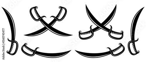 Black and White Sword Silhouette Vector Illustration Collection with Crossed and Single Blades Design Isolated on White Background EPS File