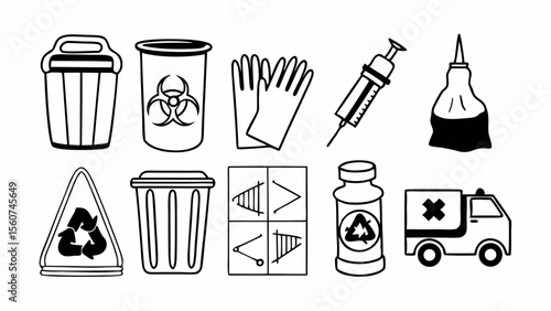 Collection of medical and waste disposal icons including trash cans gloves syringe and ambulance