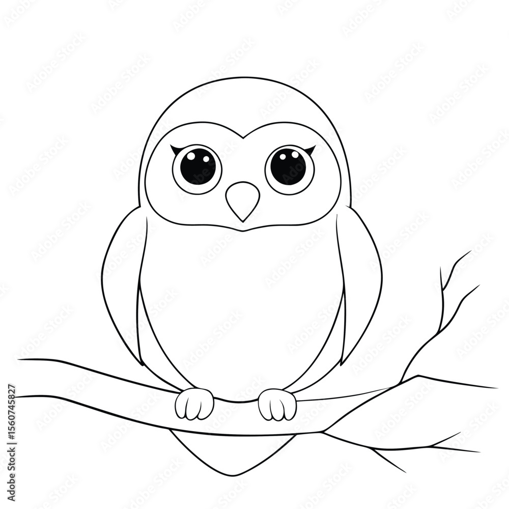 Obraz premium Cute Owl Perched On A Branch Simple Outlined Illustration Design Elementon a white background.