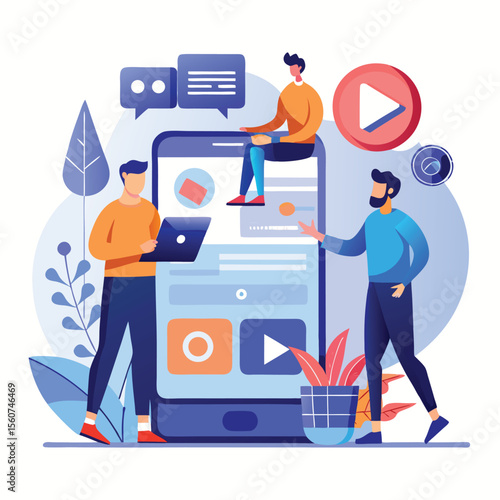 Men interacting with digital interface on phone flat design