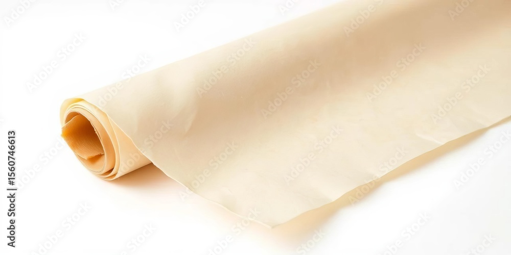 Creamy beige parchment paper roll, subtly textured, edges slightly frayed, isolated on white, organic, parchment paper Creamy beige parchment paper roll, subtly textured, edges slightly frayed, isolated on white, organic, parchment paper