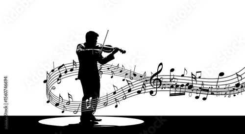 Elegant Violinist Silhouette with Flowing Musical Notes – Black and White Artistic Music Illustration