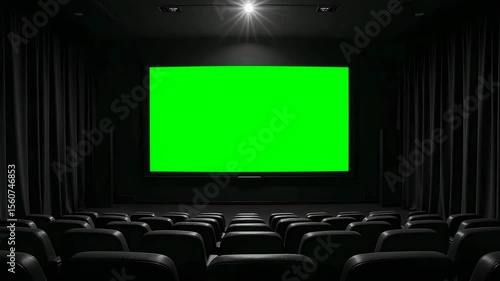Green screen on dark movie theater with empty seats ready for film viewing. Green screen is visible on screen in cinema, illuminated with projector beam, surrounded by black curtains. Slow zoom in