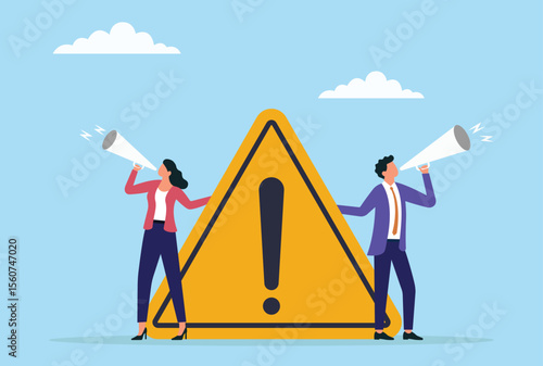 Vector illustration of two business people announcing a warning message through a megaphone while standing next to a large warning sign, emphasizing urgent alert and communication
