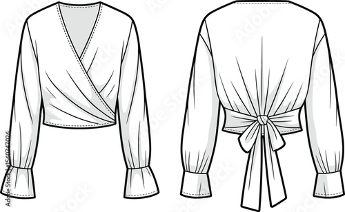 Wrap blouse fashion cad drawing with back tie detail, front and back flat sketch vector illustration for trendy women's top design