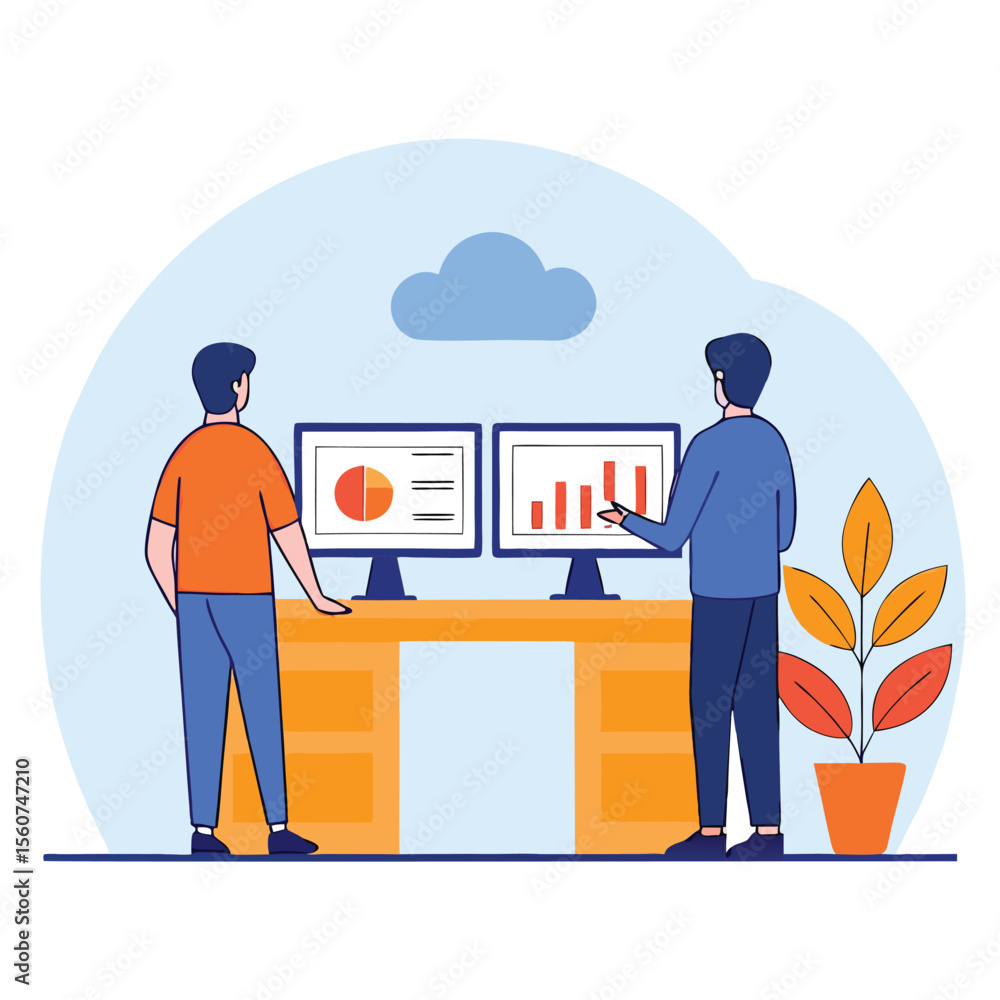 Obraz premium People analyzing charts on computer screens flat design
