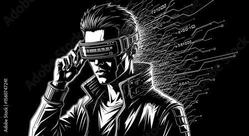 Cyberpunk Man with Visor – Futuristic Tech Noir Character Portrait
