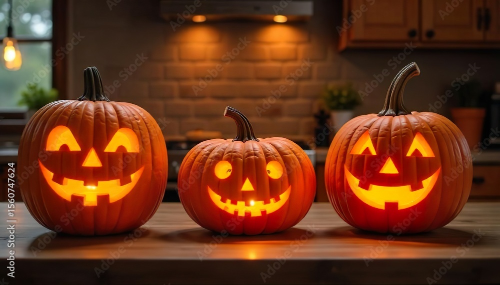 Cozy kitchen countertop displaying several carved Halloween pumpkins, soft light from glowing jack-o'-lanterns illuminating intricate faces, modern kitchen cabinets and appliances in the background Cozy kitchen countertop displaying several carved Halloween pumpkins, soft light from glowing jack-o'-lanterns illuminating intricate faces, modern kitchen cabinets and appliances in the background