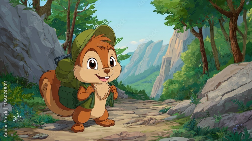 Naklejka premium Small squirrel child hiker on mountain trail