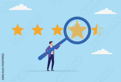 Vector illustration of a businessman analyzing customer reviews through a large magnifying glass, highlighting detailed examination and focus on improving customer satisfaction
