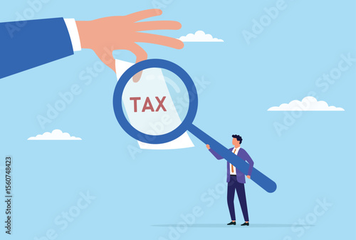 Vector illustration of a businessman analyzing tax documents through a large magnifying glass, representing careful financial review, tax auditing, and attention to fiscal details
