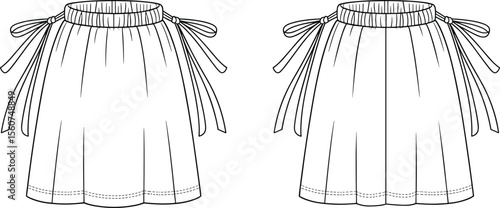 Stylish Flat Sketch Drawing of Women's Elastic Waist Gathered Skirt with Tie Details - Fashion Design Vector Illustration, Apparel Template, Clothing CAD